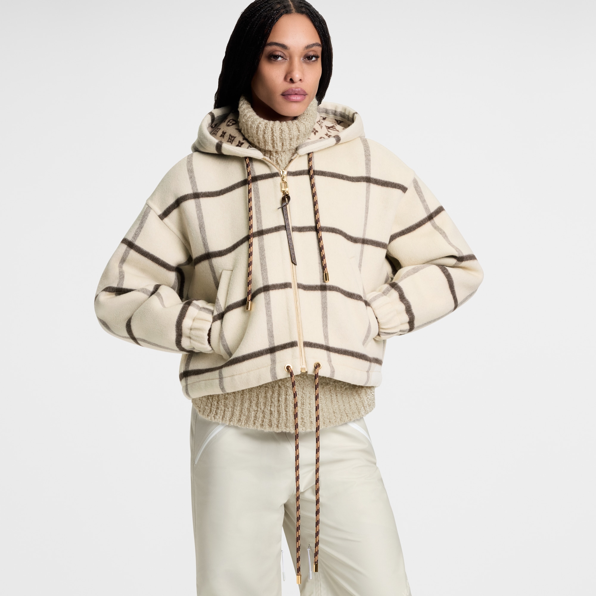 Check Motif Hooded Jacket  in Women