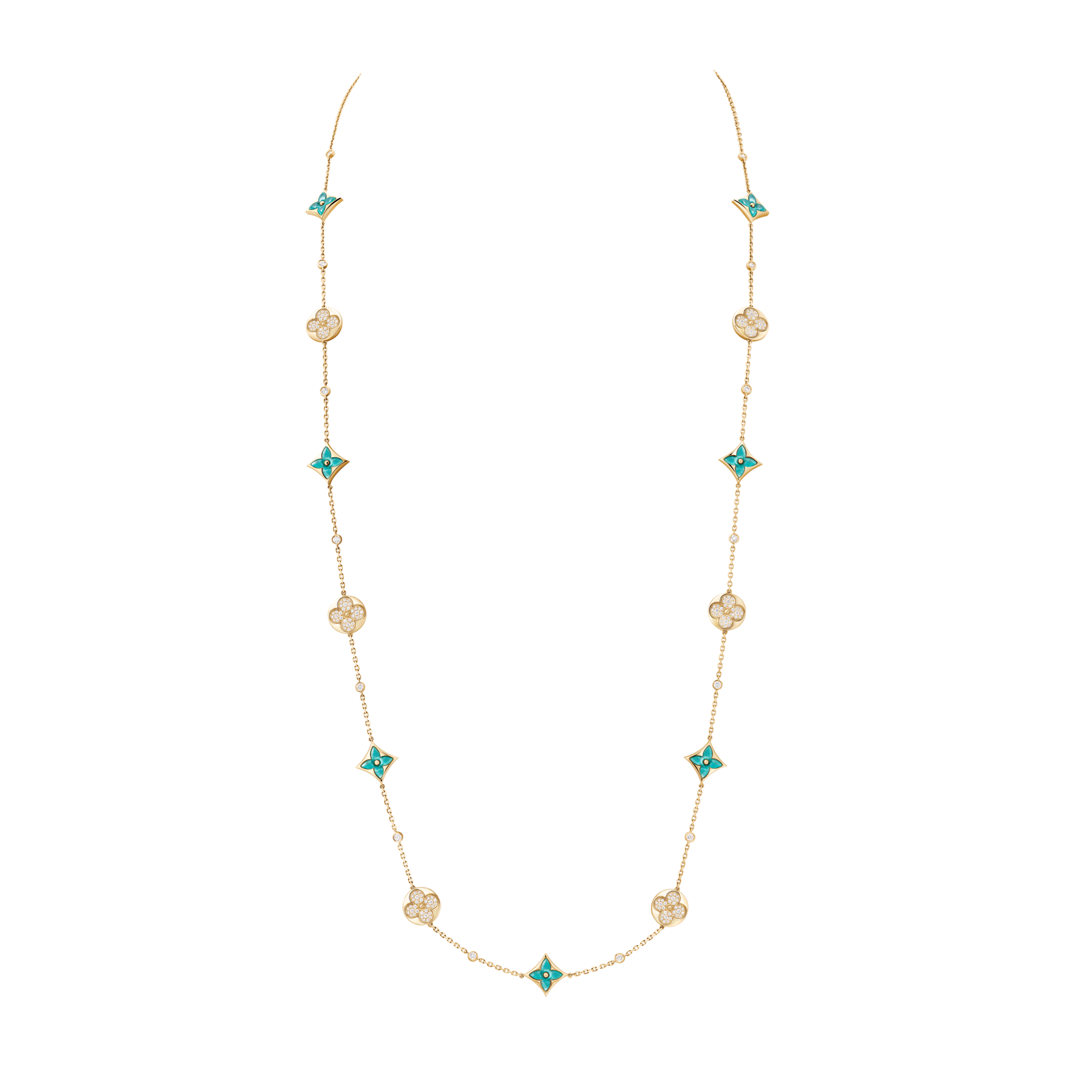 Color Blossom BB Multi-Pattern Long Necklace, Yellow Gold, Amazonite and Diamonds  in Jewellery