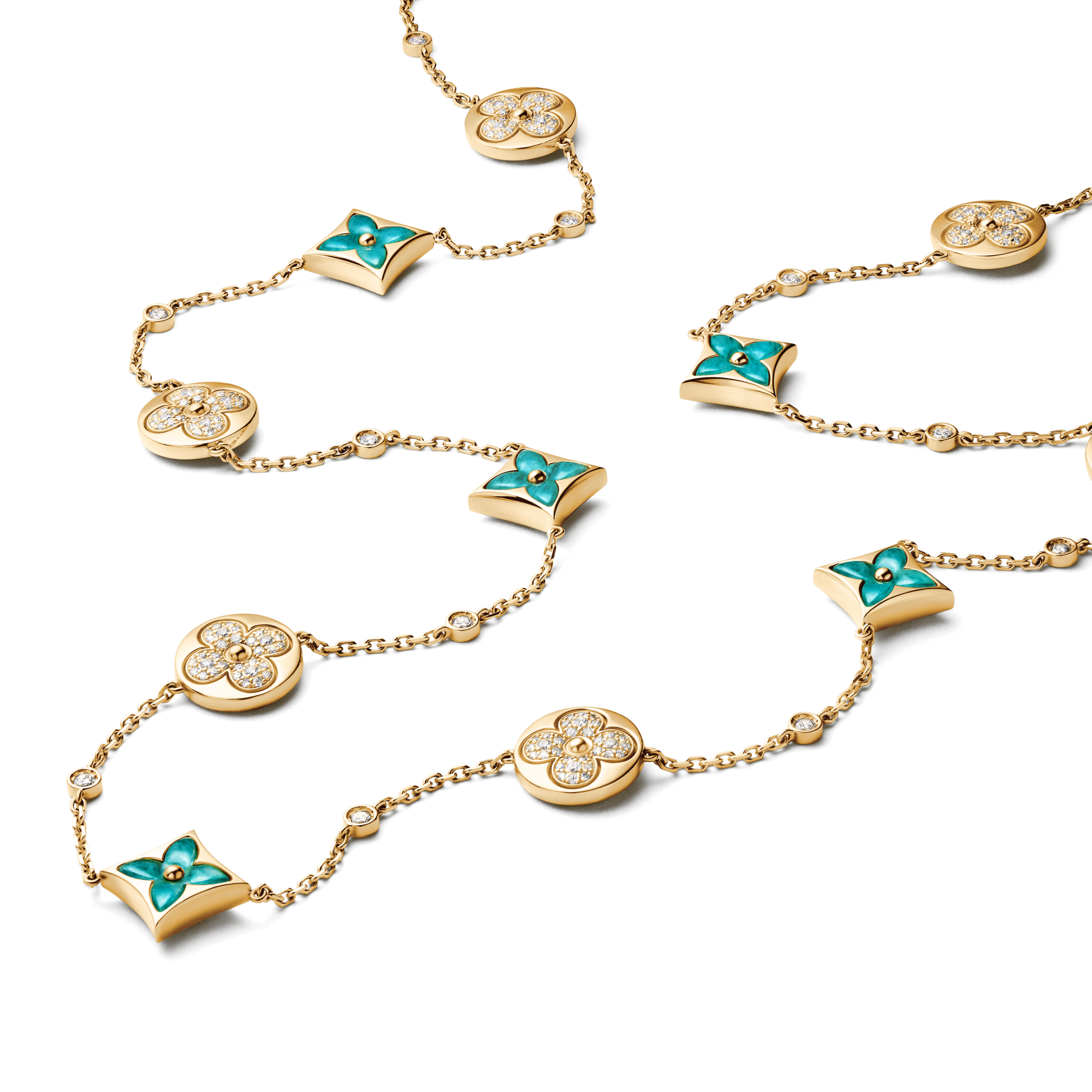 Color Blossom BB Multi-Pattern Long Necklace, Yellow Gold, Amazonite and Diamonds  in Jewellery