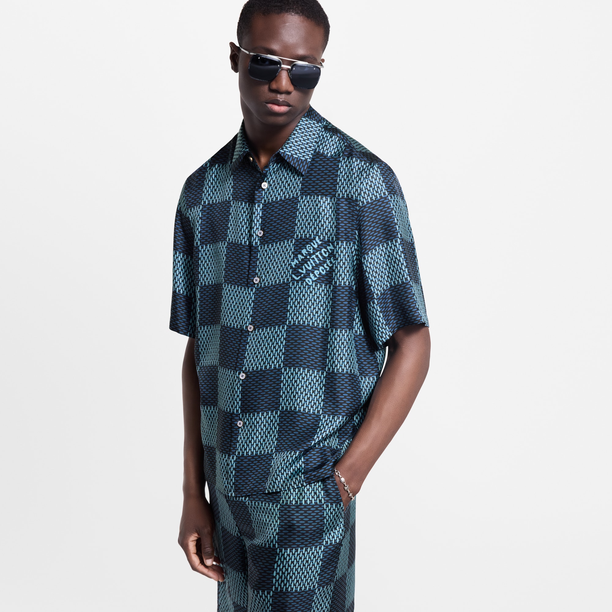 Damier Short-Sleeved Silk Shirt  in Men