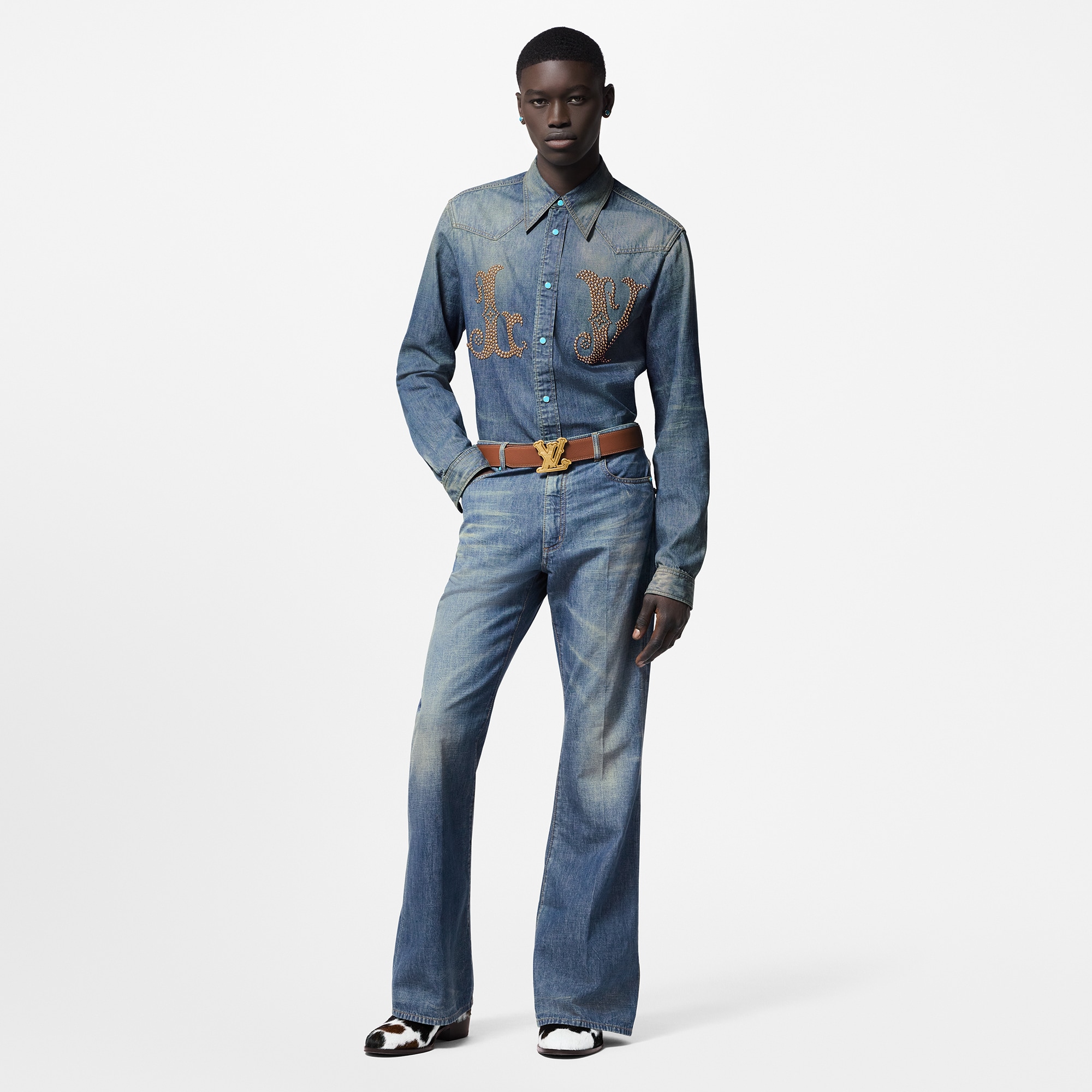 Fitted Long-Sleeved Denim Shirt  in Men