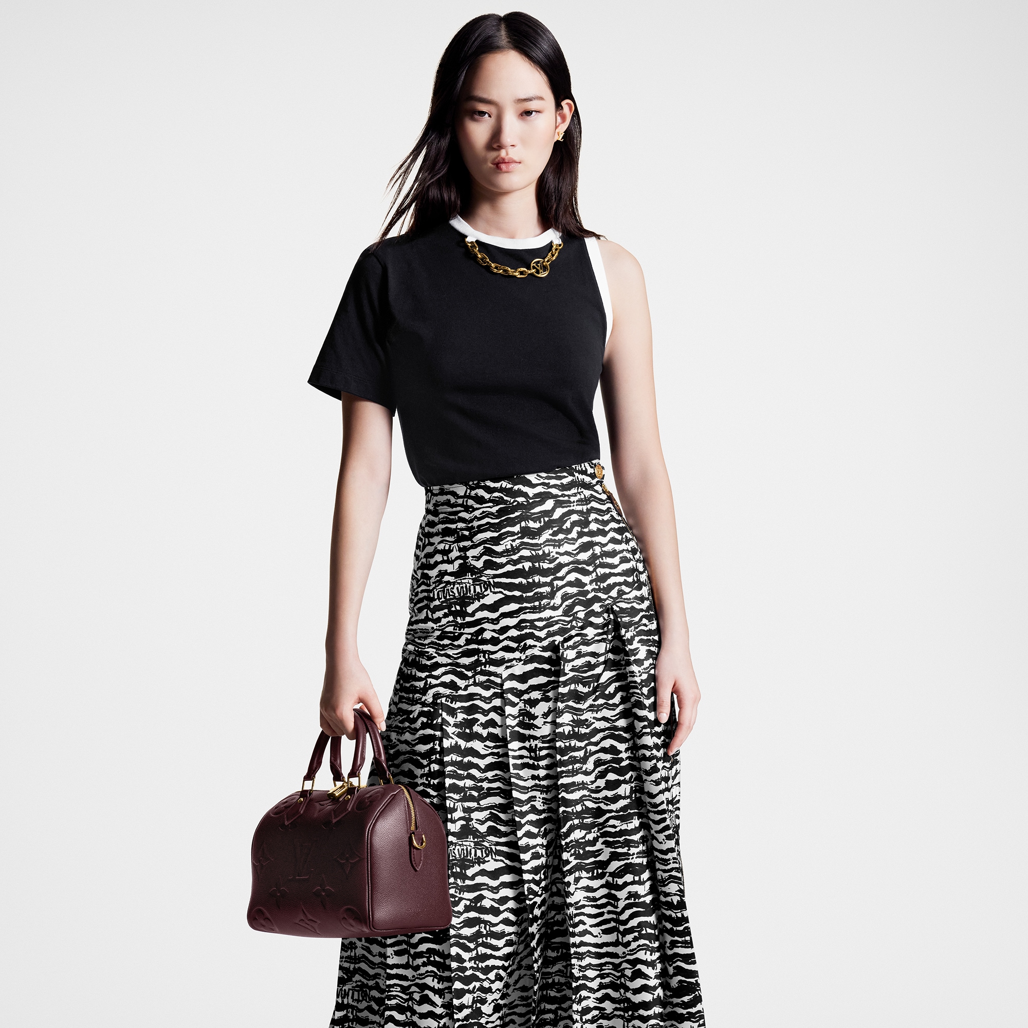 Ink Tiger Asymmetrical Pleat Midi Skirt  in Women
