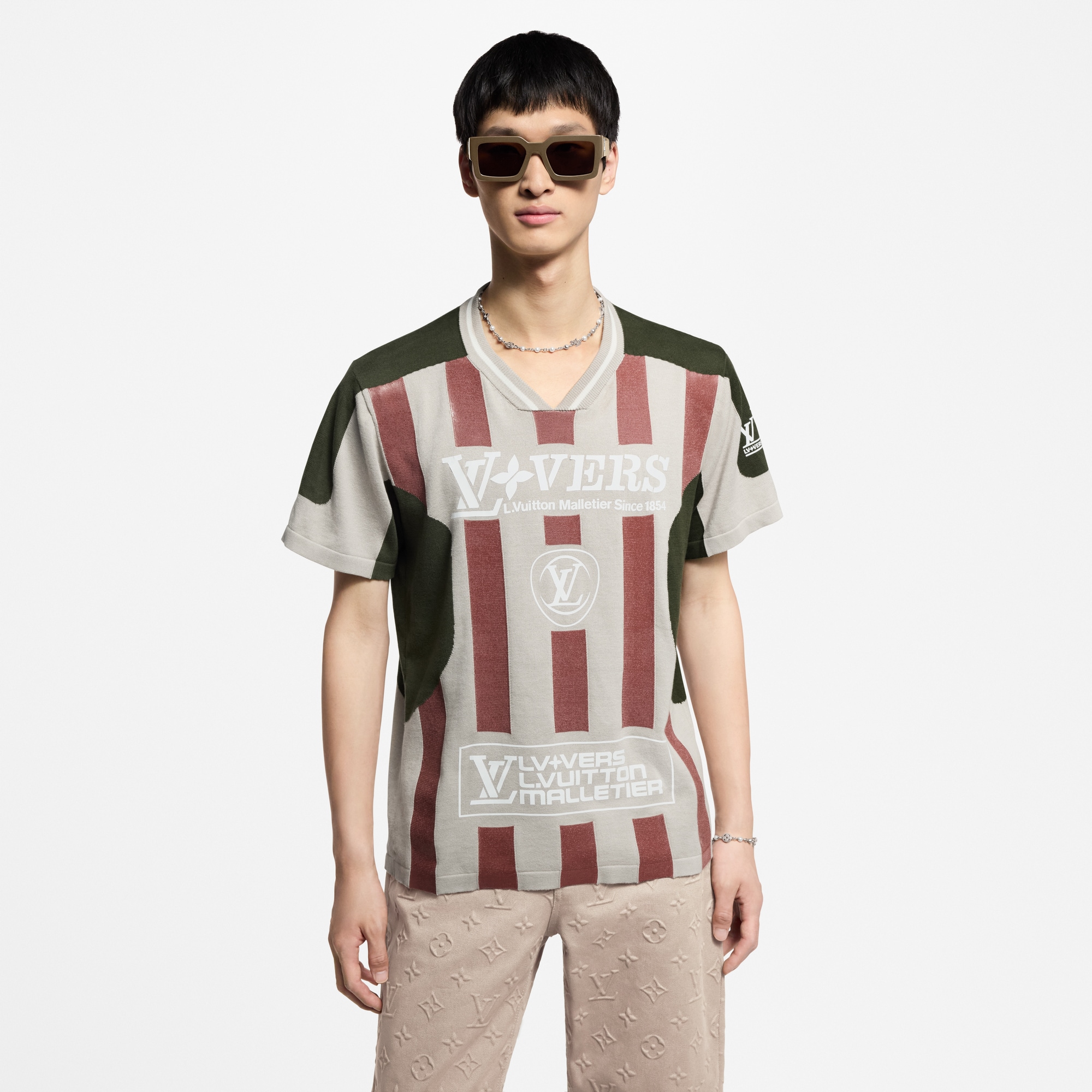 Intarsia Short-Sleeved V-Neck Top  in Men