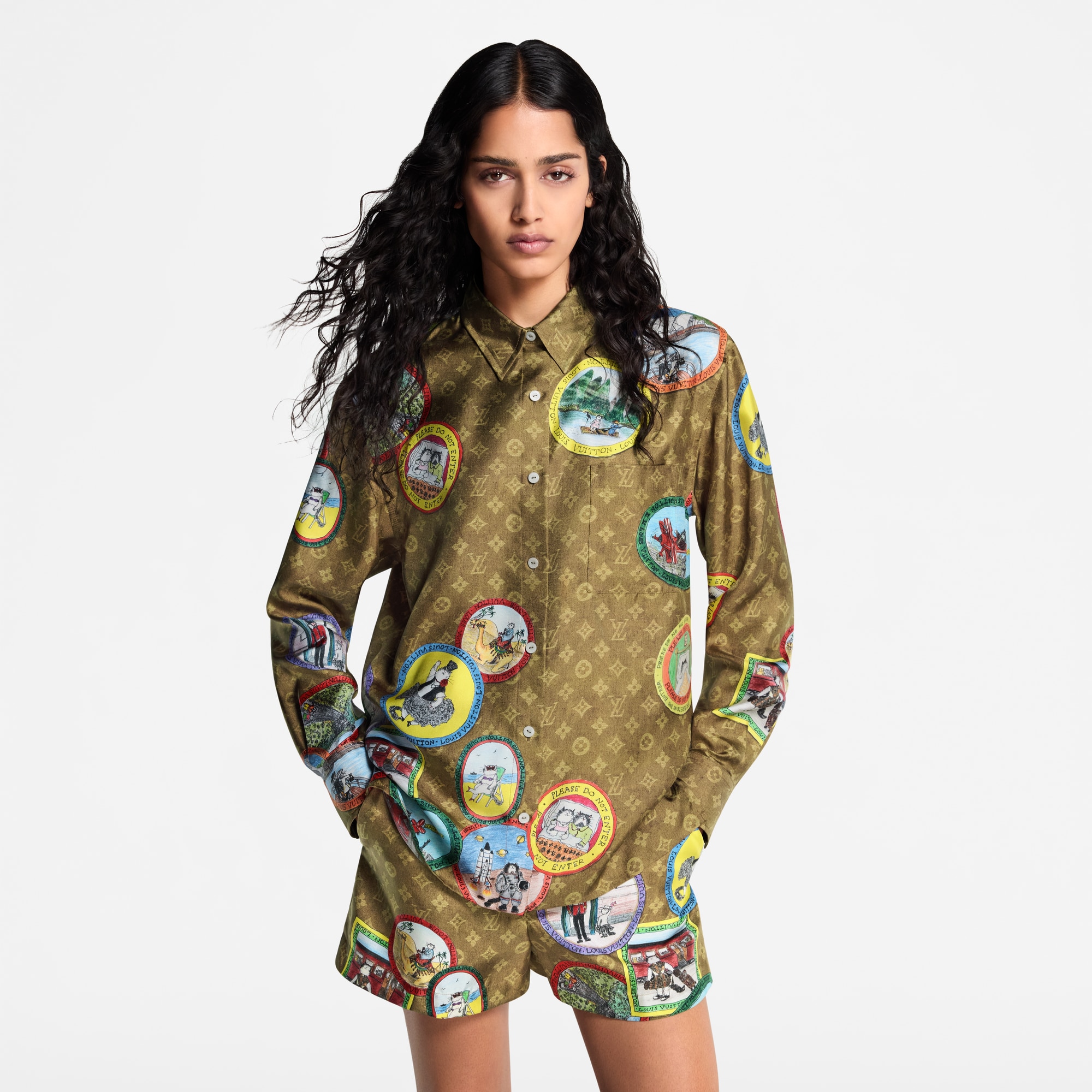 Monogram Cat Stamp Silk Shirt  in Women