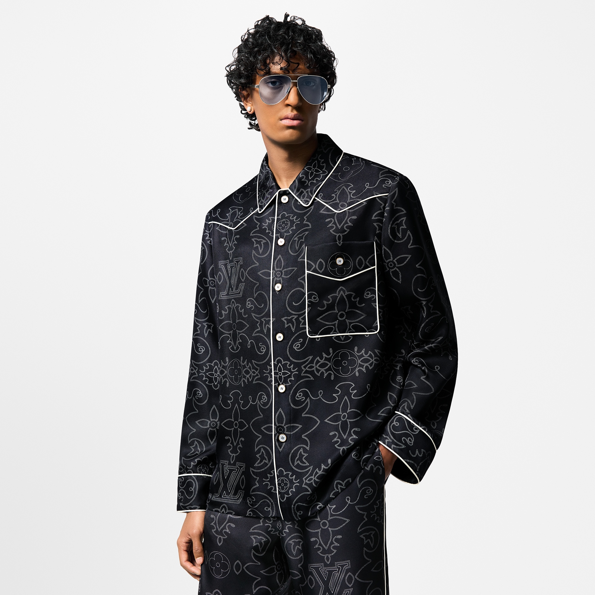 Printed Long-Sleeved Silk Pyjama Overshirt  in Men