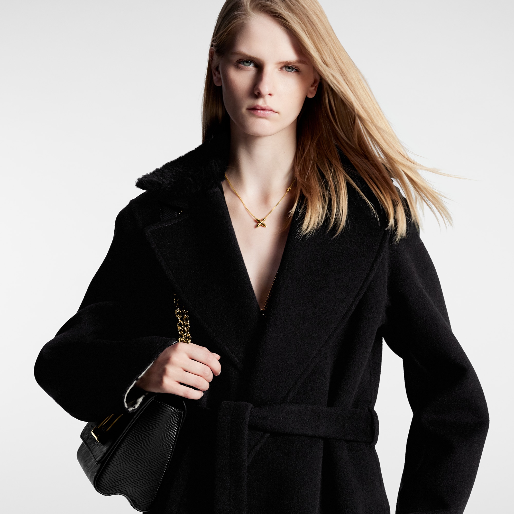 Shearling Collar Wrap Coat   in Women