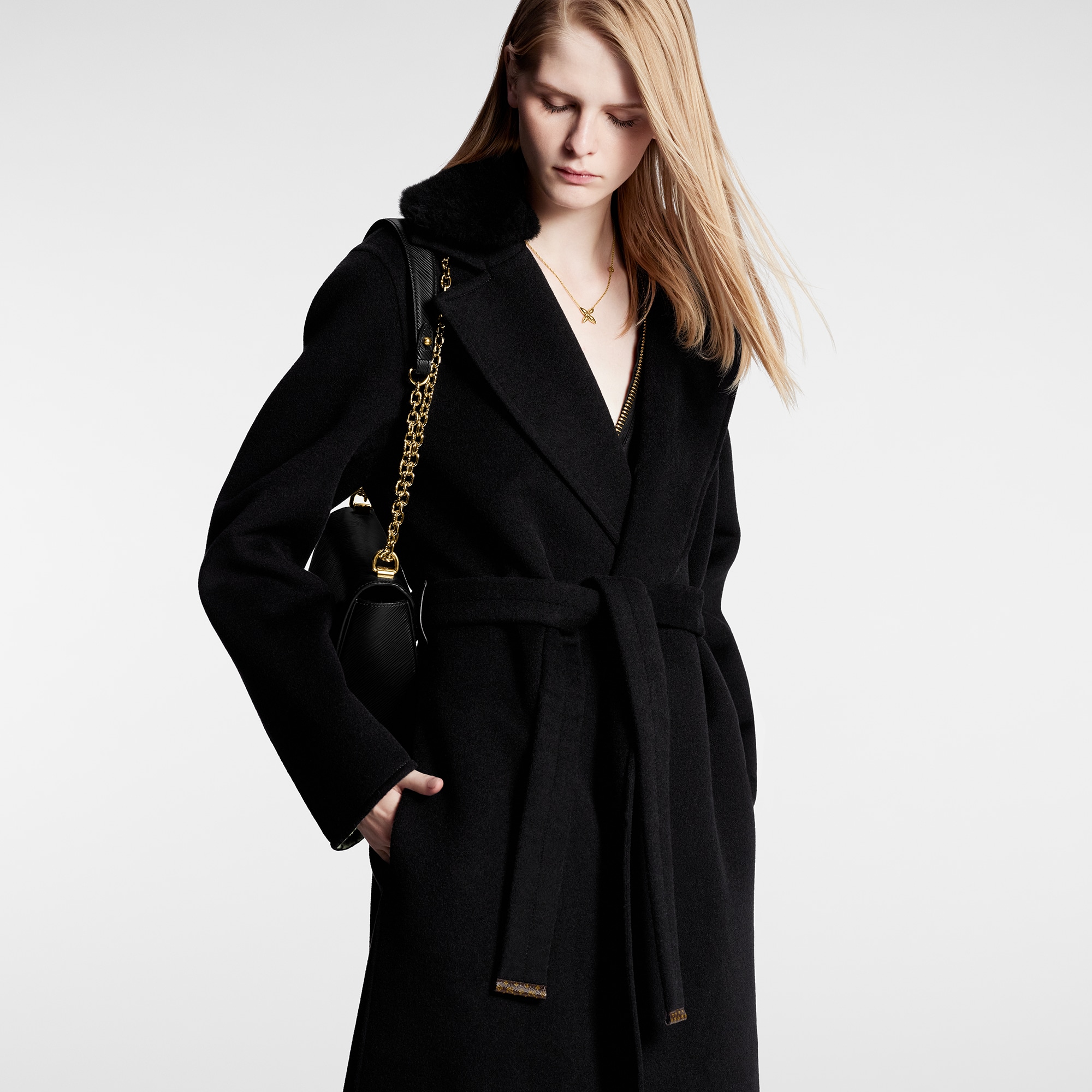 Shearling Collar Wrap Coat   in Women
