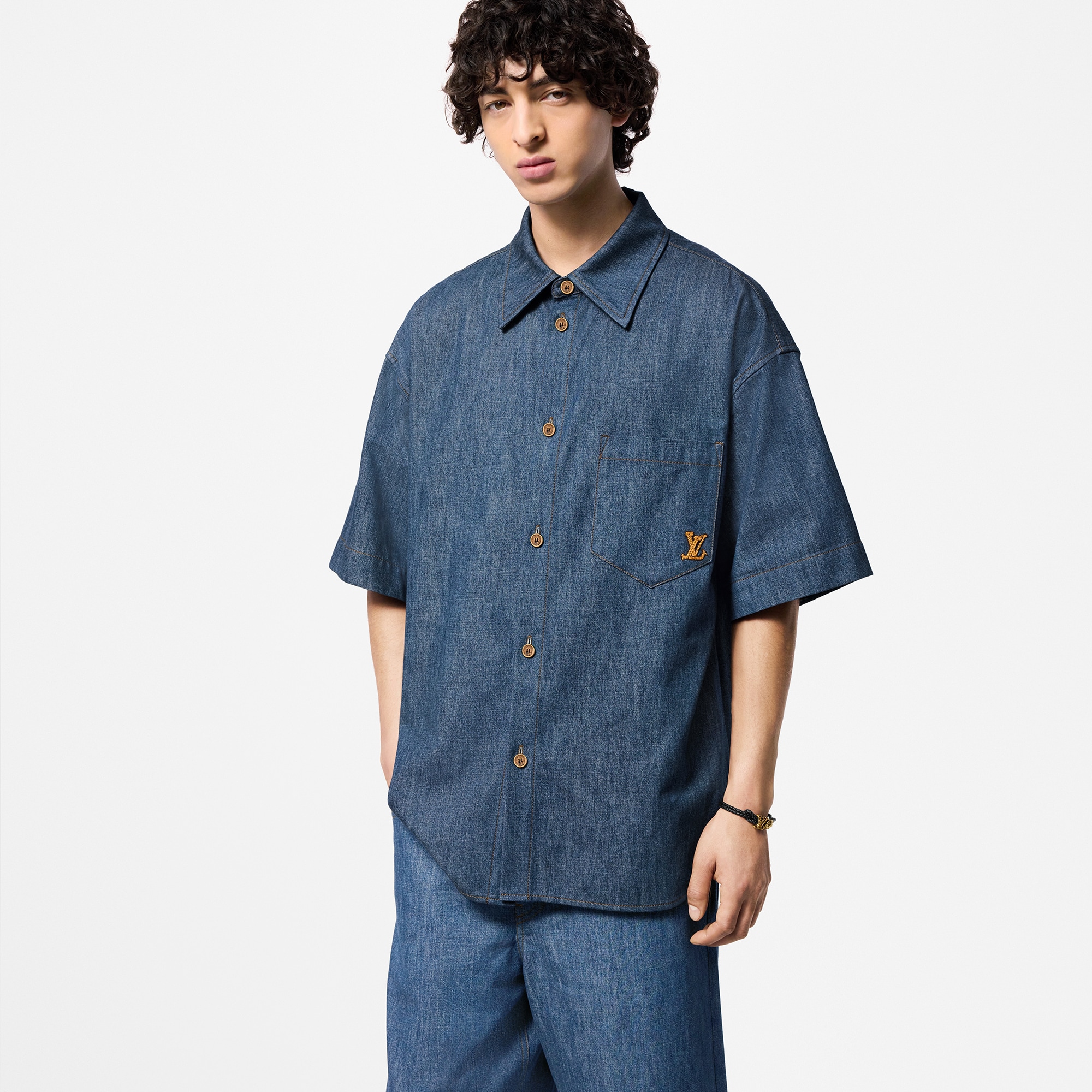 Short-Sleeved Cotton Chambray Shirt  in Men