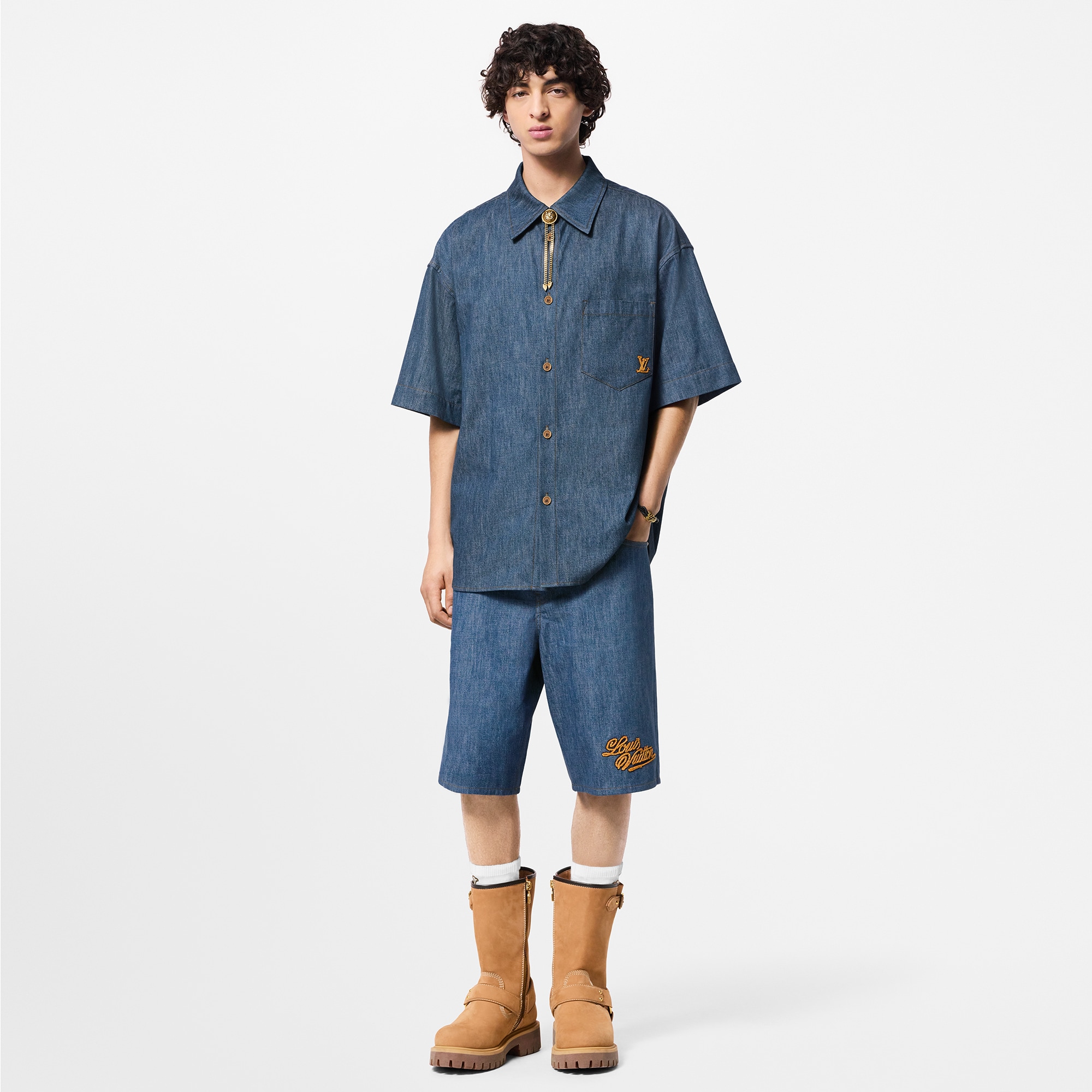Short-Sleeved Cotton Chambray Shirt  in Men