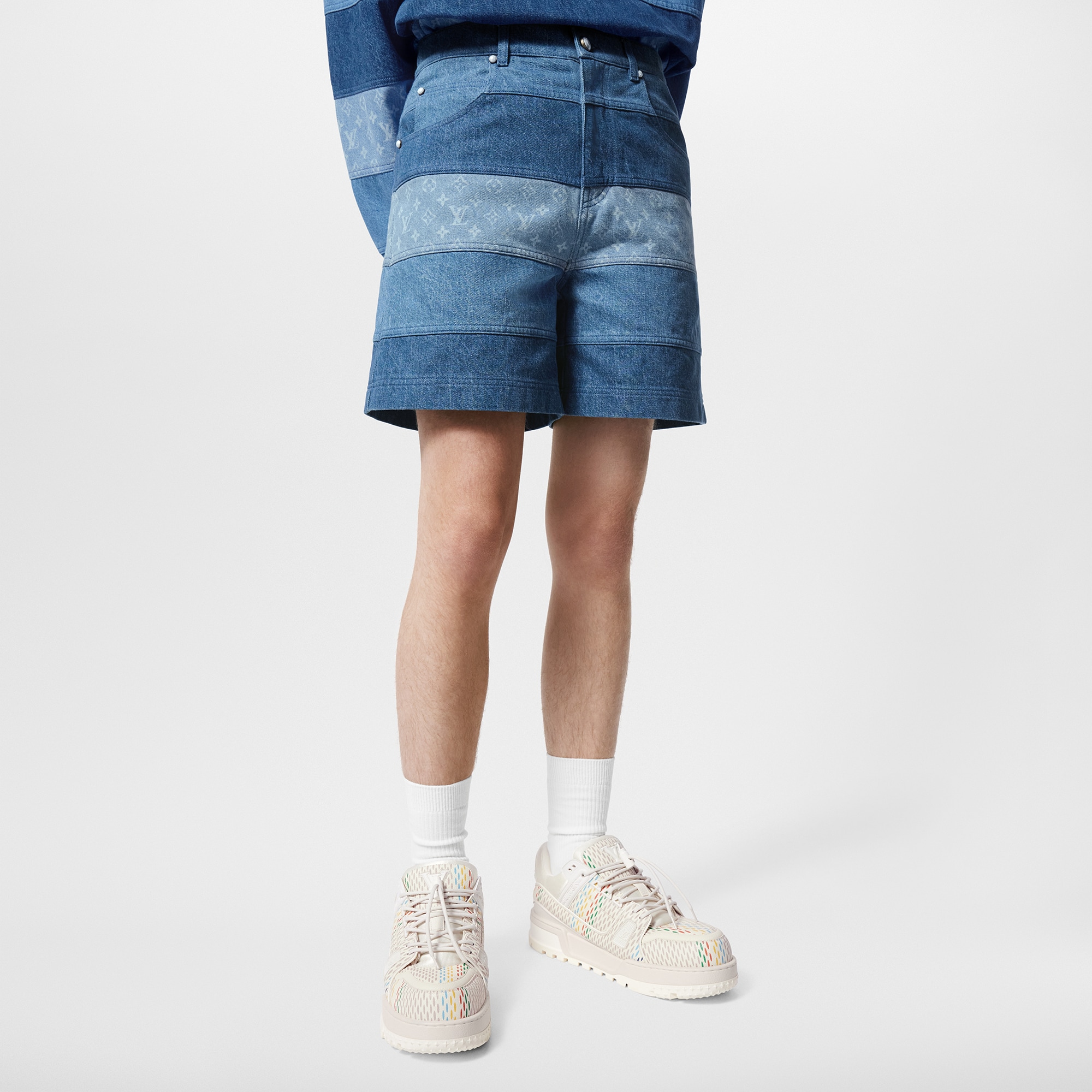 Striped Patchwork Denim Shorts  in Men