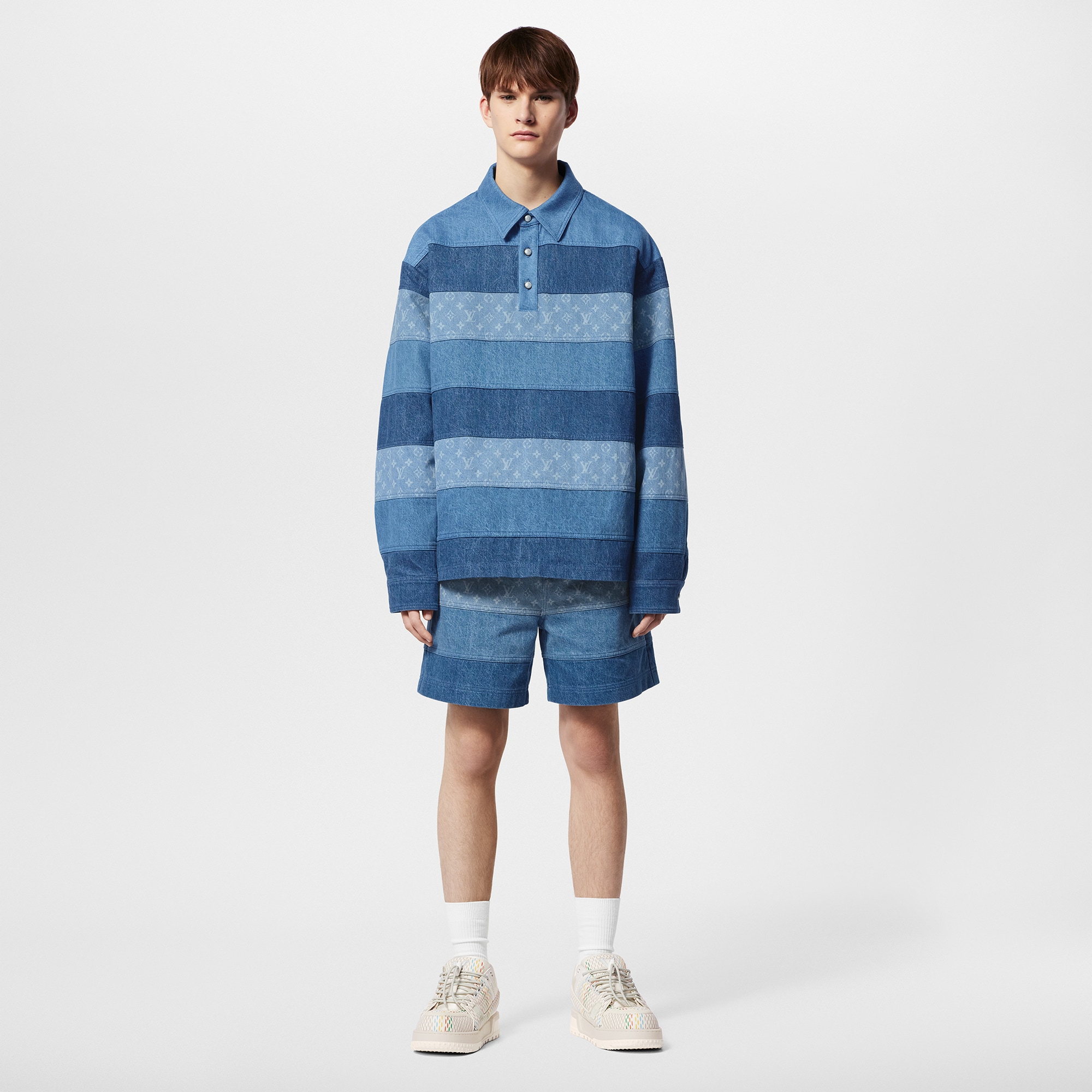 Striped Patchwork Denim Shorts  in Men