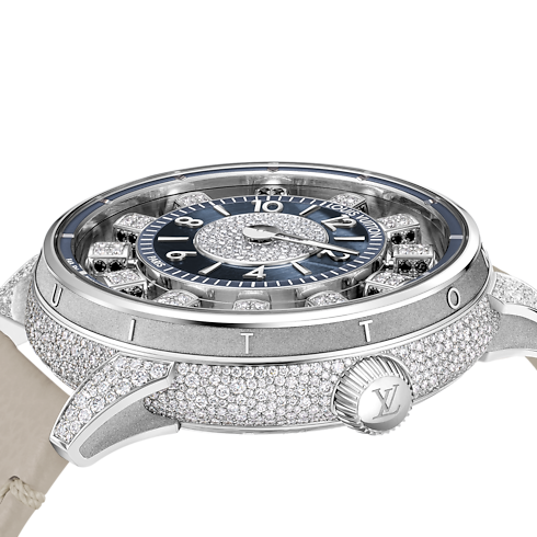 Tambour Spin Time Air, Automatic, 42.5mm, White gold, Hawk's eye and diamonds closeup view