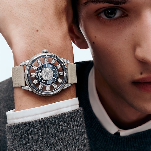 Tambour Spin Time Air, Automatic, 42.5mm, White gold, Hawk's eye and diamonds interior view