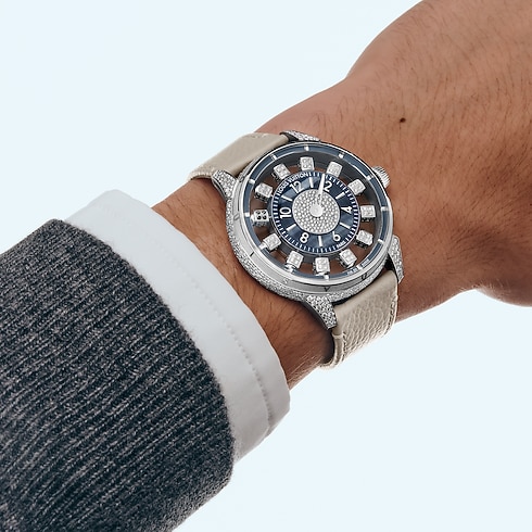 Tambour Spin Time Air, Automatic, 42.5mm, White gold, Hawk's eye and diamonds other view
