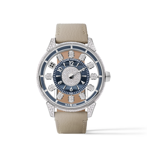 Tambour Spin Time Air, Automatic, 42.5mm, White gold, Hawk's eye and diamonds front view