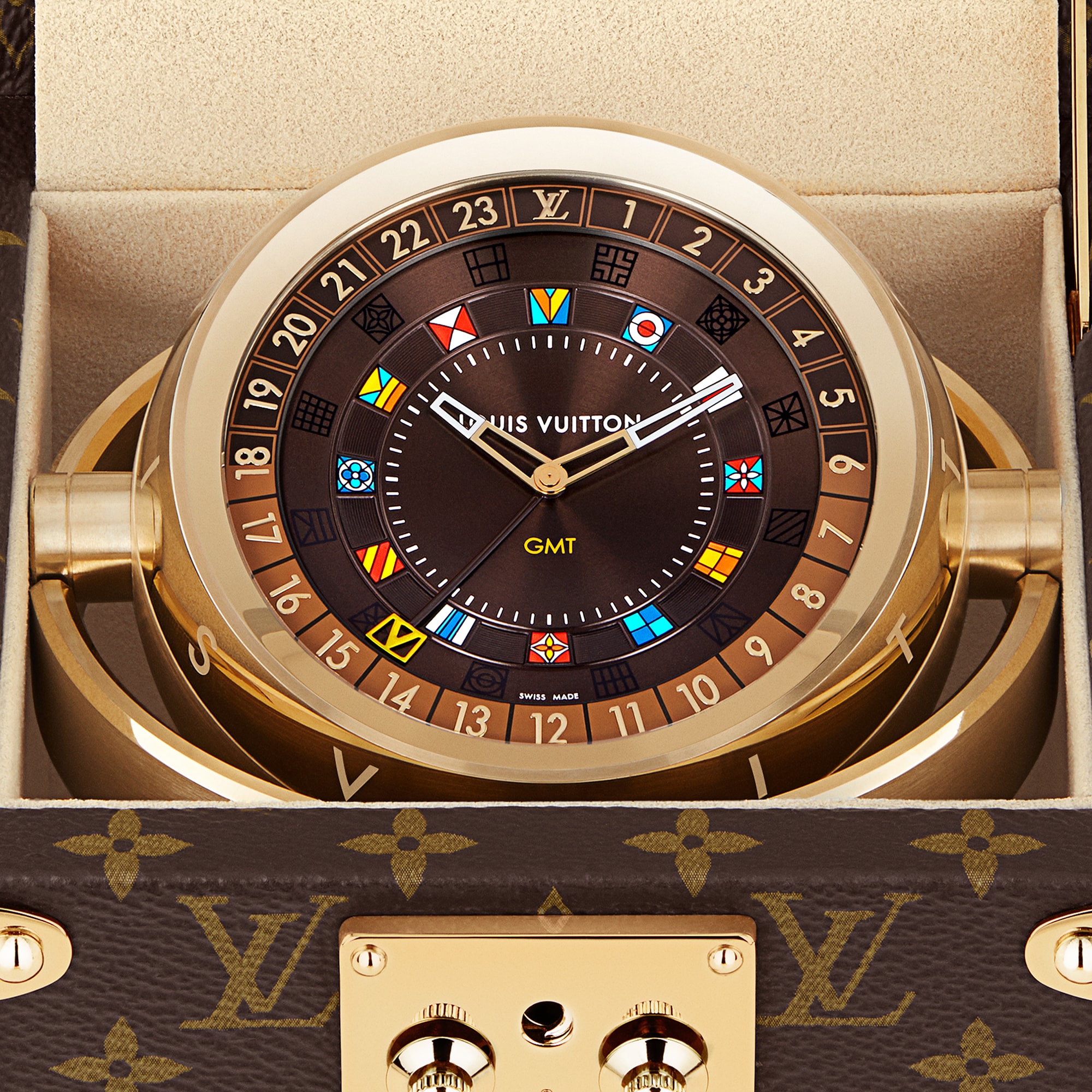 Trunk Table Clock, Quartz, 80mm, Brass, Monogram  in Watches