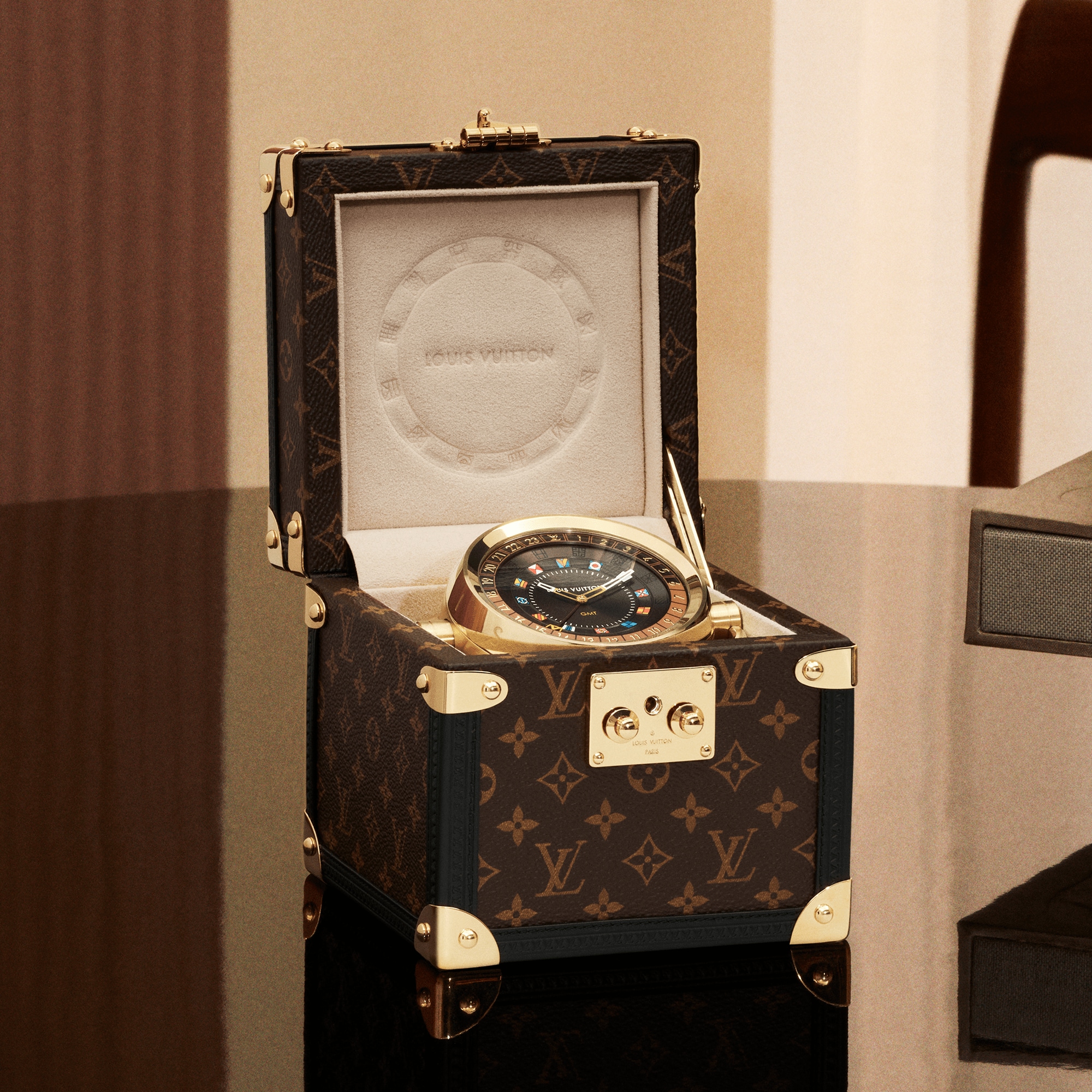 Trunk Table Clock, Quartz, 80mm, Brass, Monogram  in Watches