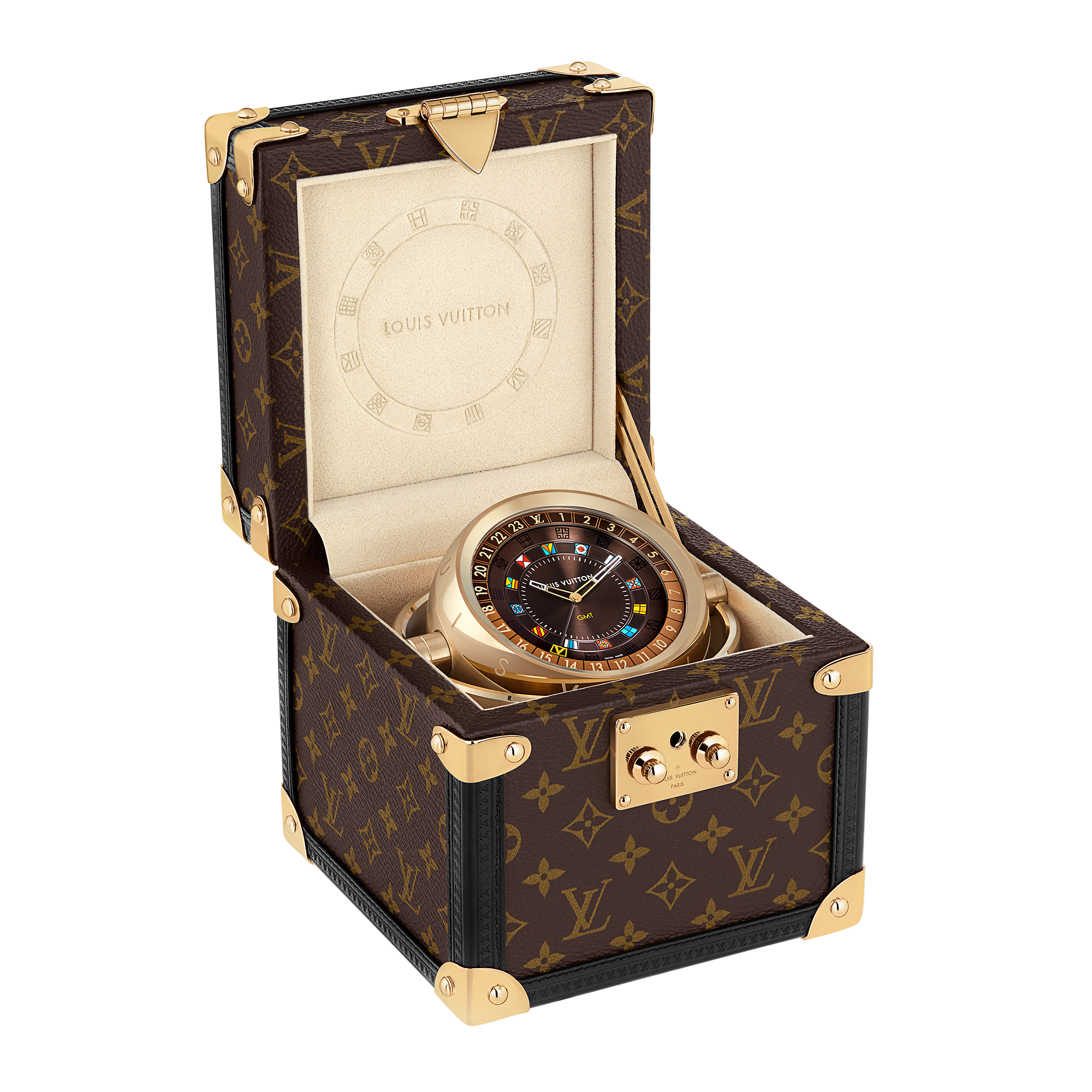 Trunk Table Clock, Quartz, 80mm, Brass, Monogram  in Watches
