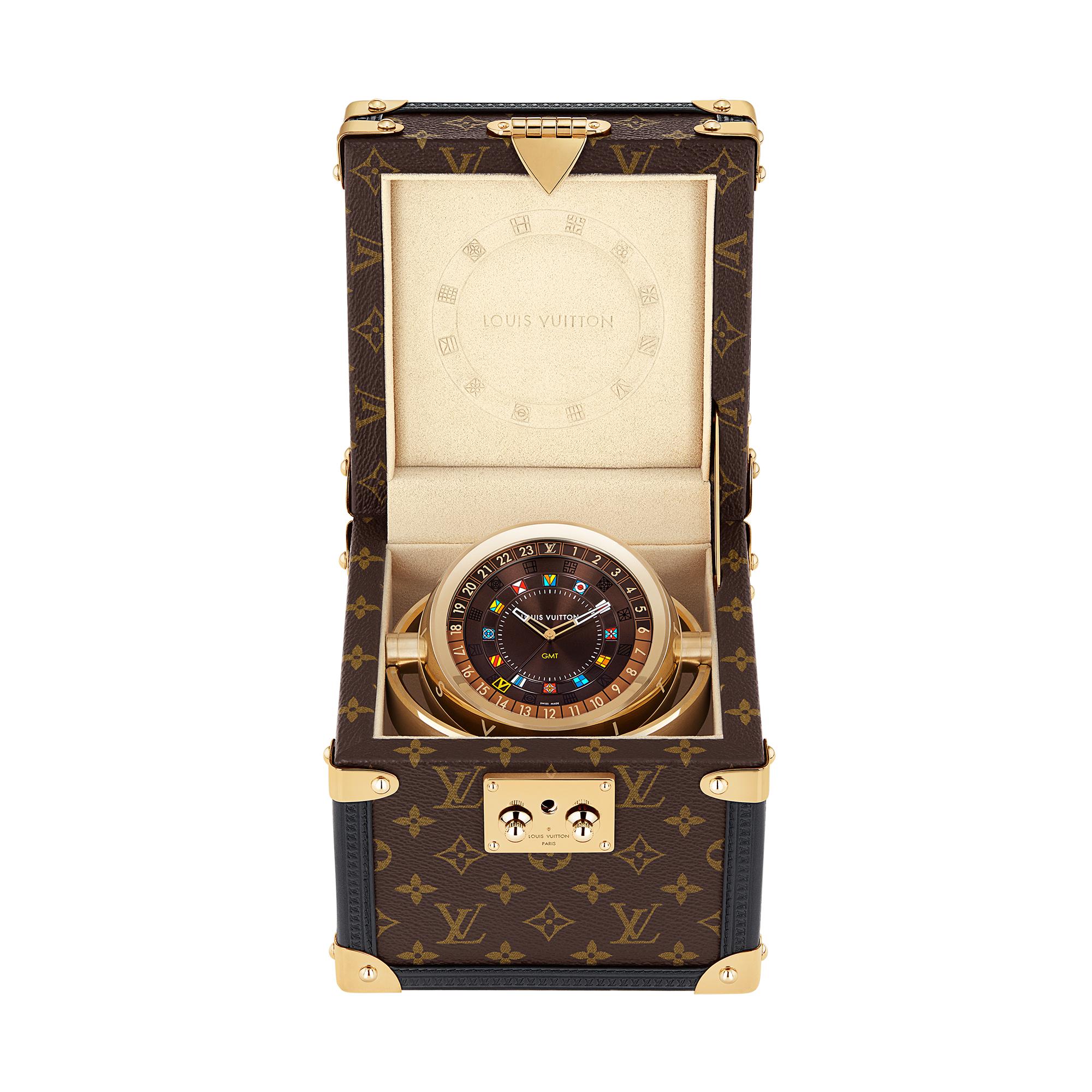 Trunk Table Clock, Quartz, 80mm, Brass, Monogram  in Watches