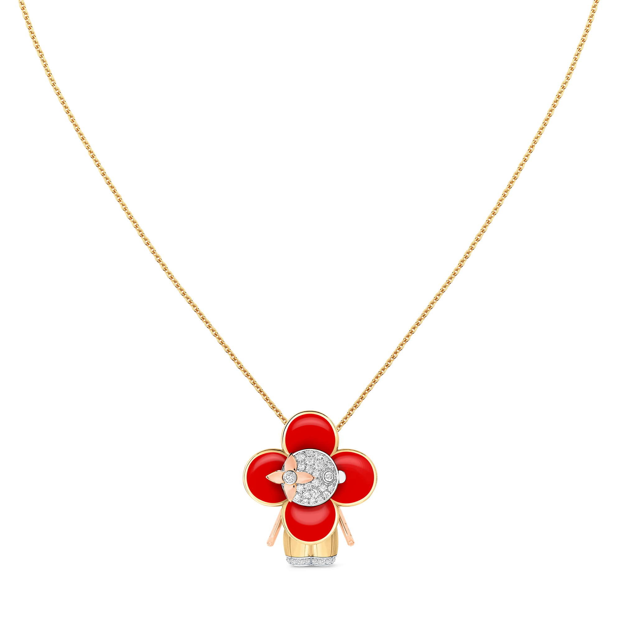 Vivienne pendant, 3 golds, red lacquer & diamonds  in Jewellery
