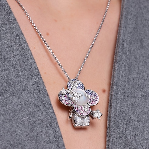 Vivienne Stars Pendant, White Gold, Moonstone, Lacquer, Diamonds and Colored Gemstones worn view